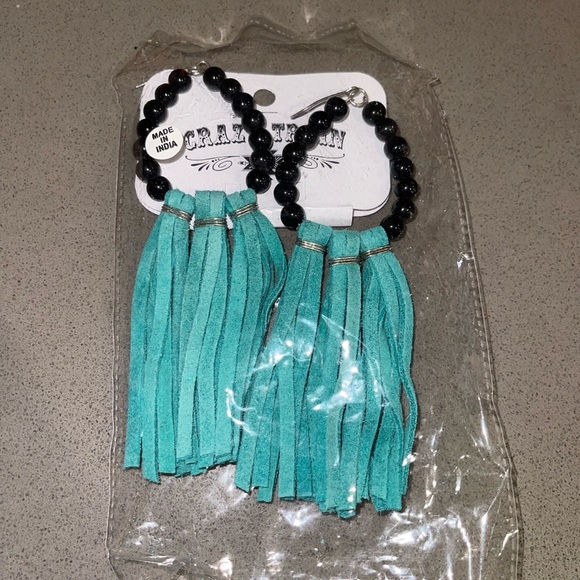 NWT Crazy train turquoise fringe leather bead earrings - Picture 3 of 6